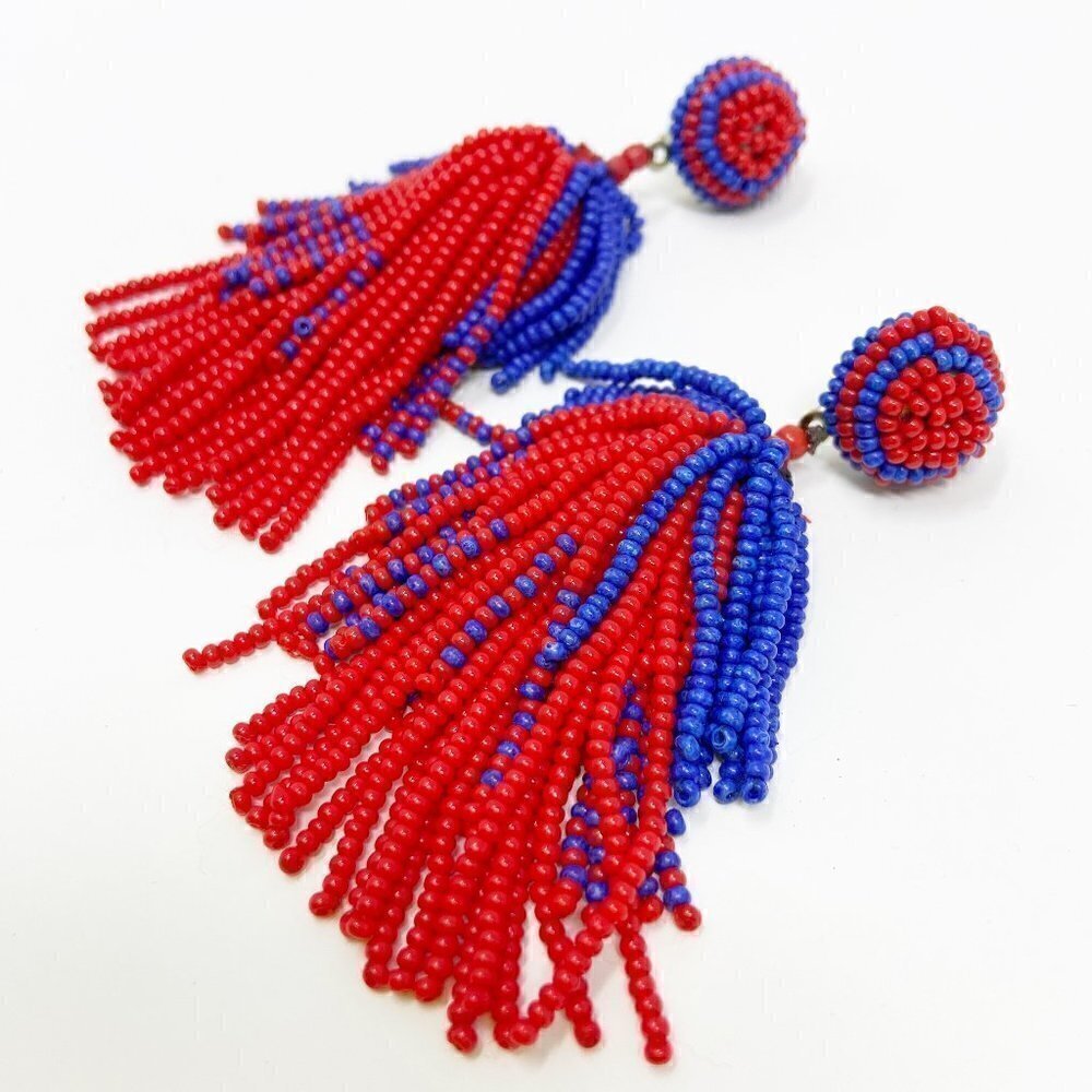 Red Blue Seed Bead Tassel Dangle Earrings